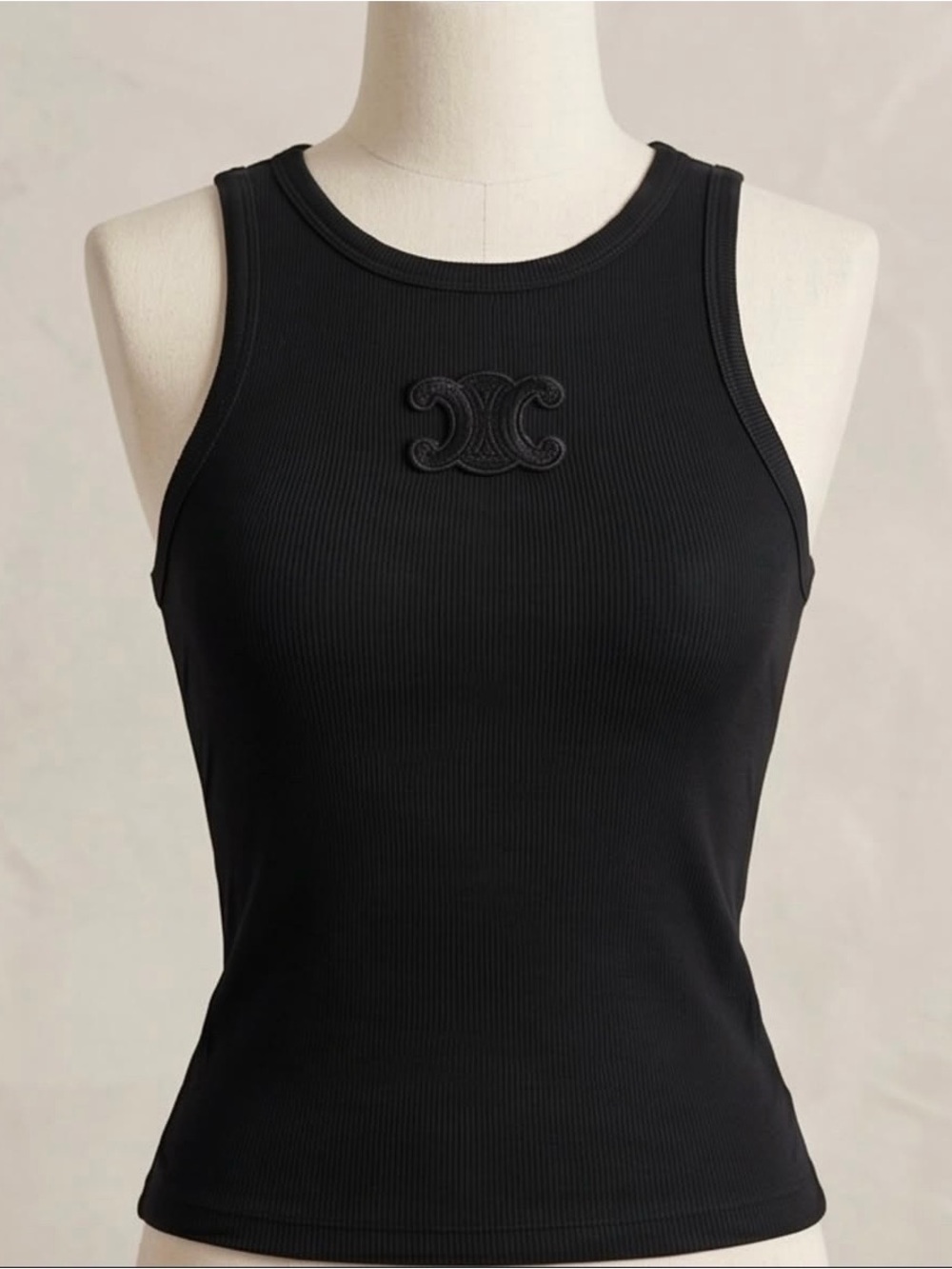 Black Ribbed Tank Top with Center Embroidered Logo